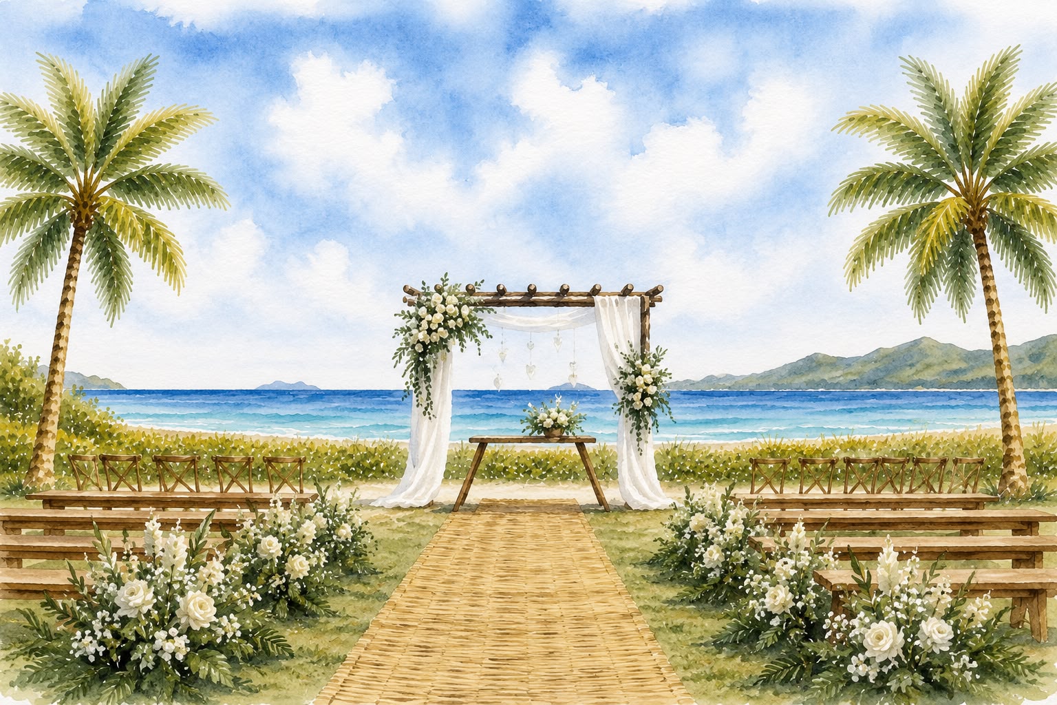Imagem em aquarela do cenário da praia