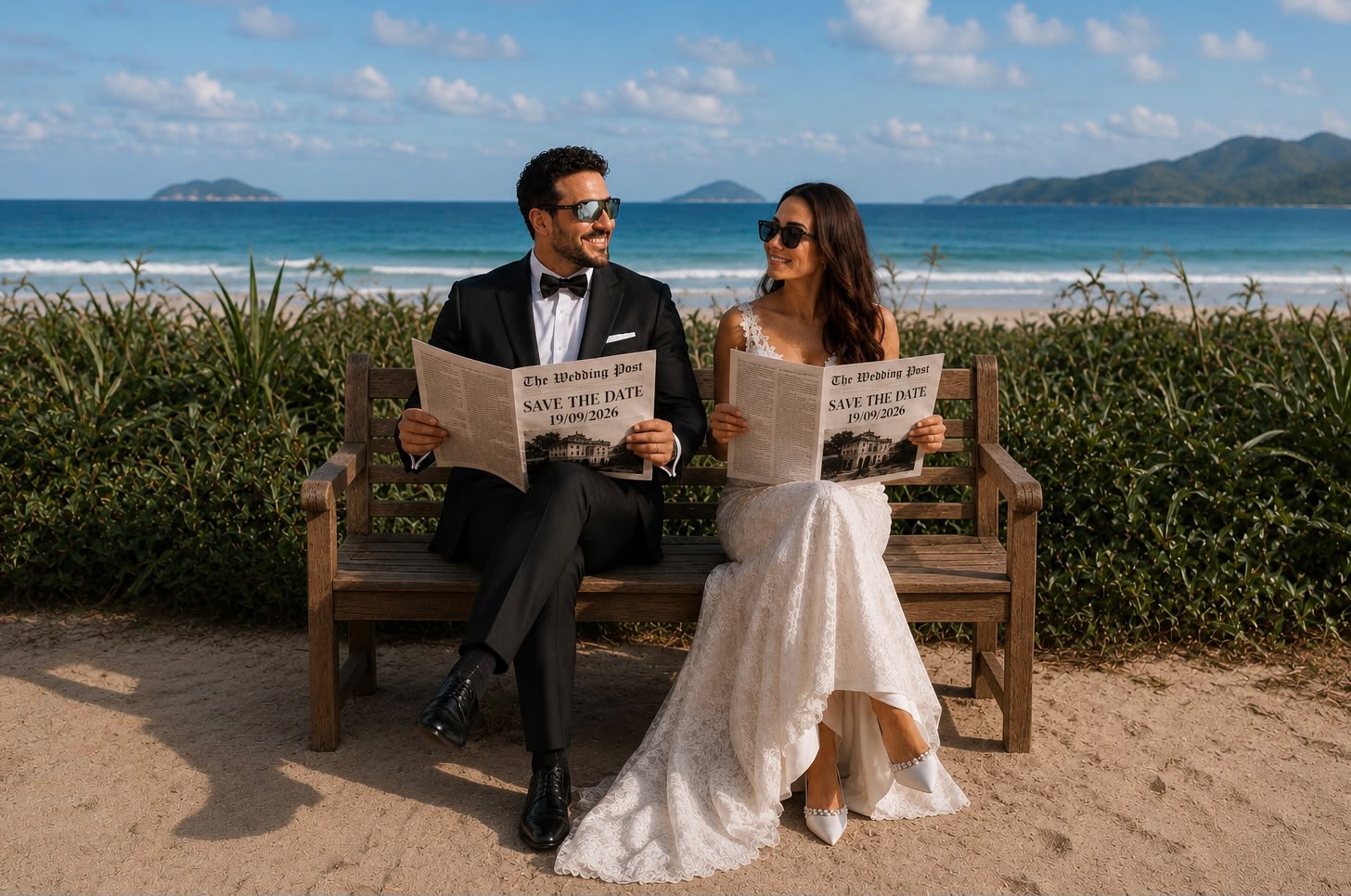 Foto na praia com jornal save the date
